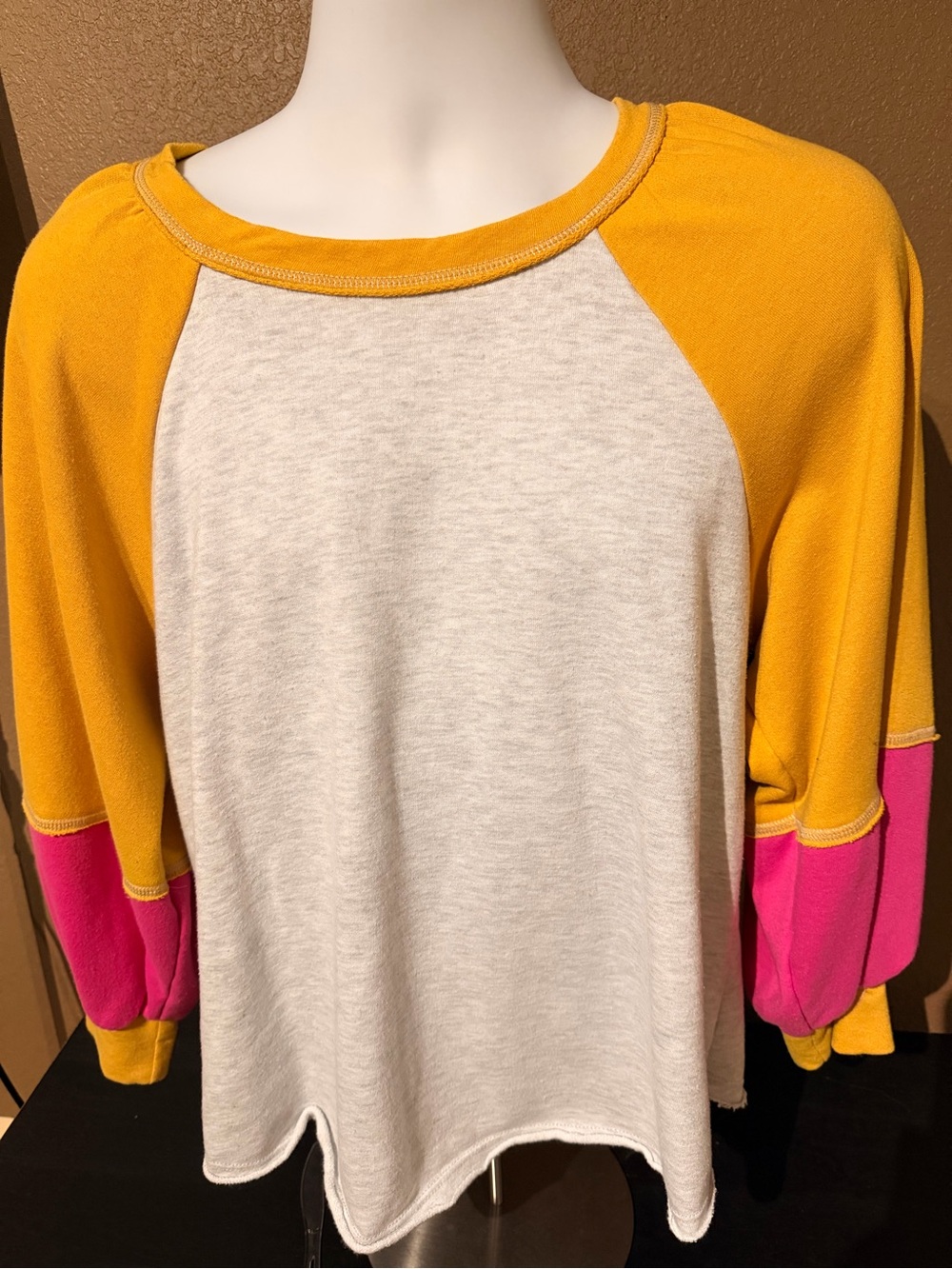 Ces Femme Cream Raglan Pullover with Mustard Shoulders and Pink Sleeve Panels